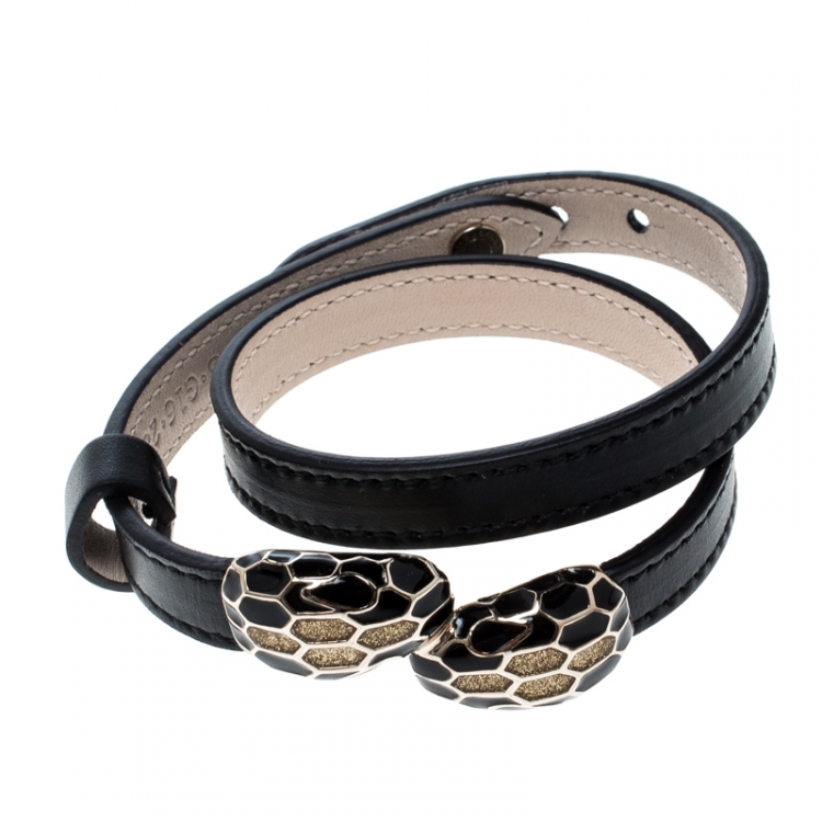 Pre Owned Bvlgari Serpenti Forever Enamel Black Double Coiled Leather Gold Tone Bracelet