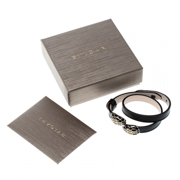 Pre Owned Bvlgari Serpenti Forever Enamel Black Double Coiled Leather Gold Tone Bracelet