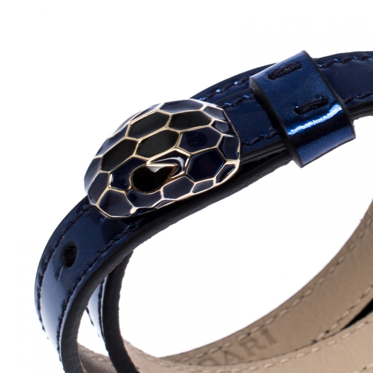 Pre Owned Bvlgari Serpenti Forever Enamel Metallic Blue Leather Gold Plated Double Coiled Bracelet