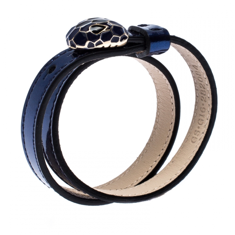 Pre Owned Bvlgari Serpenti Forever Enamel Metallic Blue Leather Gold Plated Double Coiled Bracelet