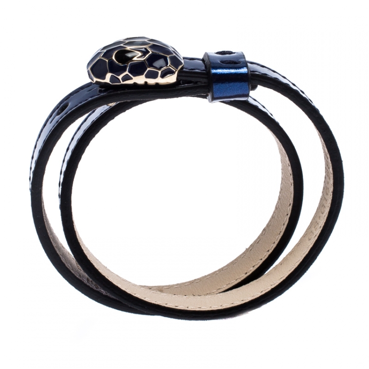 Pre Owned Bvlgari Serpenti Forever Enamel Metallic Blue Leather Gold Plated Double Coiled Bracelet