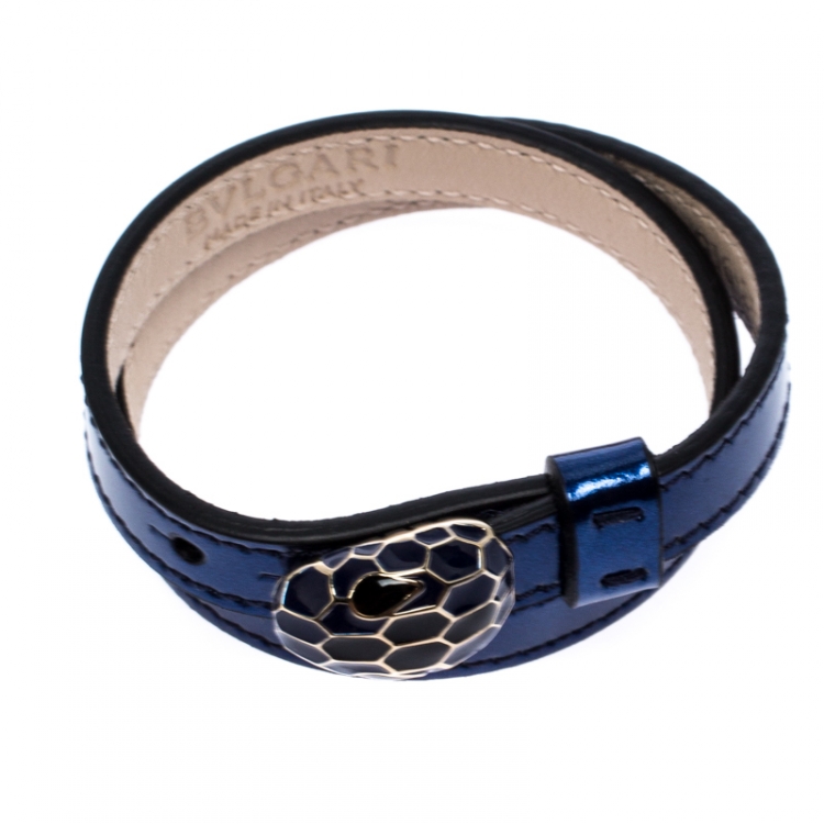 Pre Owned Bvlgari Serpenti Forever Enamel Metallic Blue Leather Gold Plated Double Coiled Bracelet