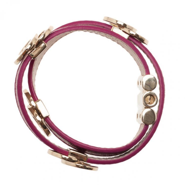 Pre Owned Bvlgari Leather Double Coiled Purple Bracelet S