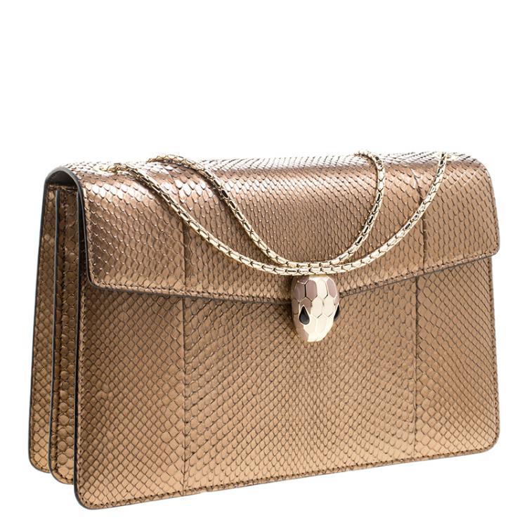 Pre Owned Bvlgari Bronze Python Medium Serpenti Forever Flap Shoulder Bag