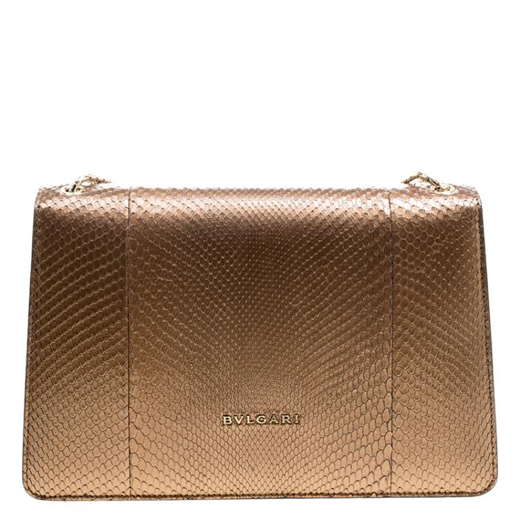 Pre Owned Bvlgari Bronze Python Medium Serpenti Forever Flap Shoulder Bag