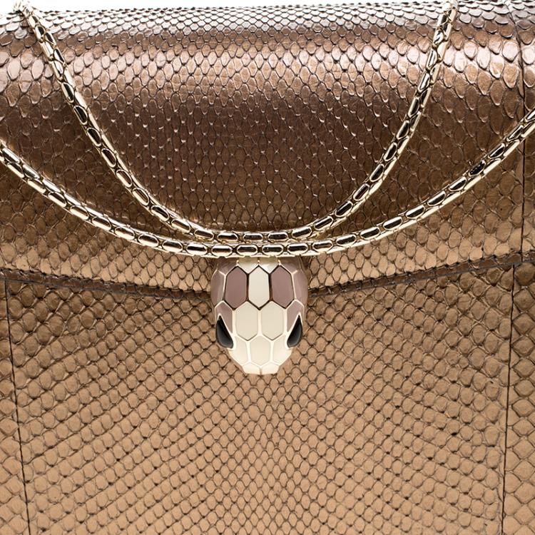 Pre Owned Bvlgari Bronze Python Medium Serpenti Forever Flap Shoulder Bag
