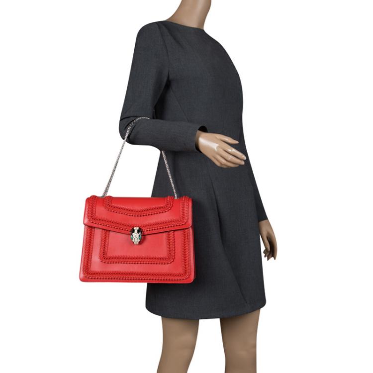 مملوكة مسبقًا Bvlgari Red Leather Large Ruffled Serpenti Forever Shoulder Bag