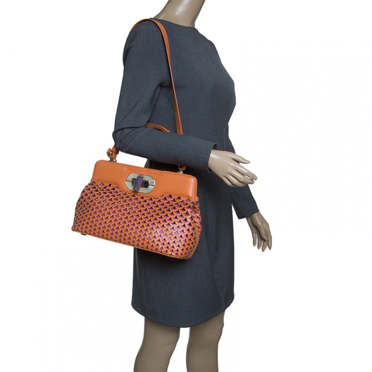 Pre Owned Bvlgari Orange Laser Cut Leather Isabella Rossellini Tote