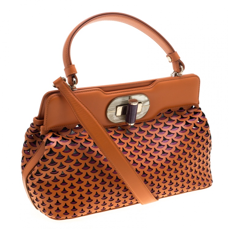 Pre Owned Bvlgari Orange Laser Cut Leather Isabella Rossellini Tote