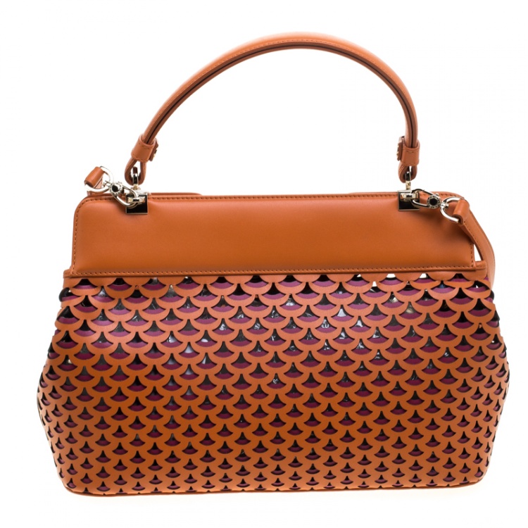 Pre Owned Bvlgari Orange Laser Cut Leather Isabella Rossellini Tote