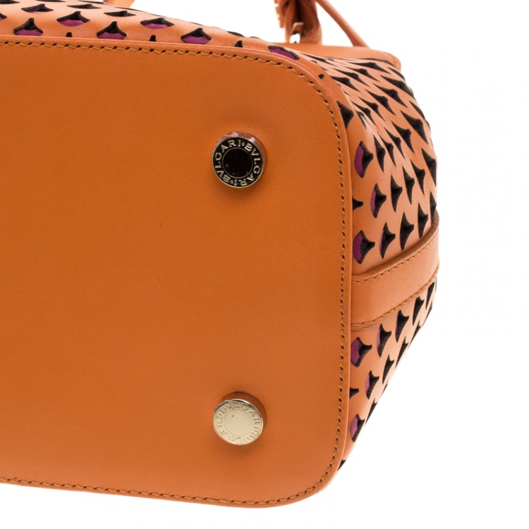 Pre Owned Bvlgari Orange Laser Cut Leather Isabella Rossellini Tote
