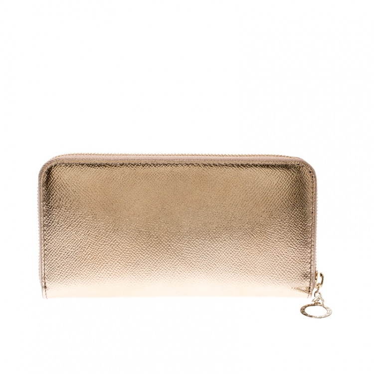 Pre Owned Bvlgari Metallic Bronze Leather Zip Around Wallet