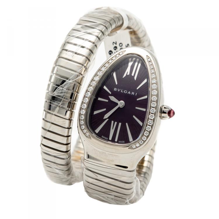 Pre Owned Bvlgari Purple Dial Serpenti Tubogas Steel Diamond Bezel Women's Watch Small Size
