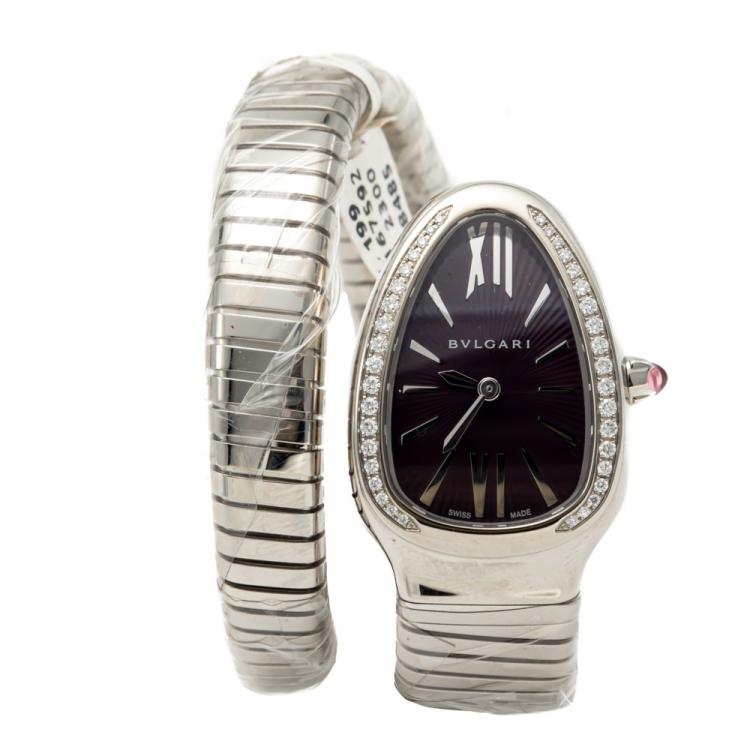Pre Owned Bvlgari Purple Dial Serpenti Tubogas Steel Diamond Bezel Women's Watch Small Size
