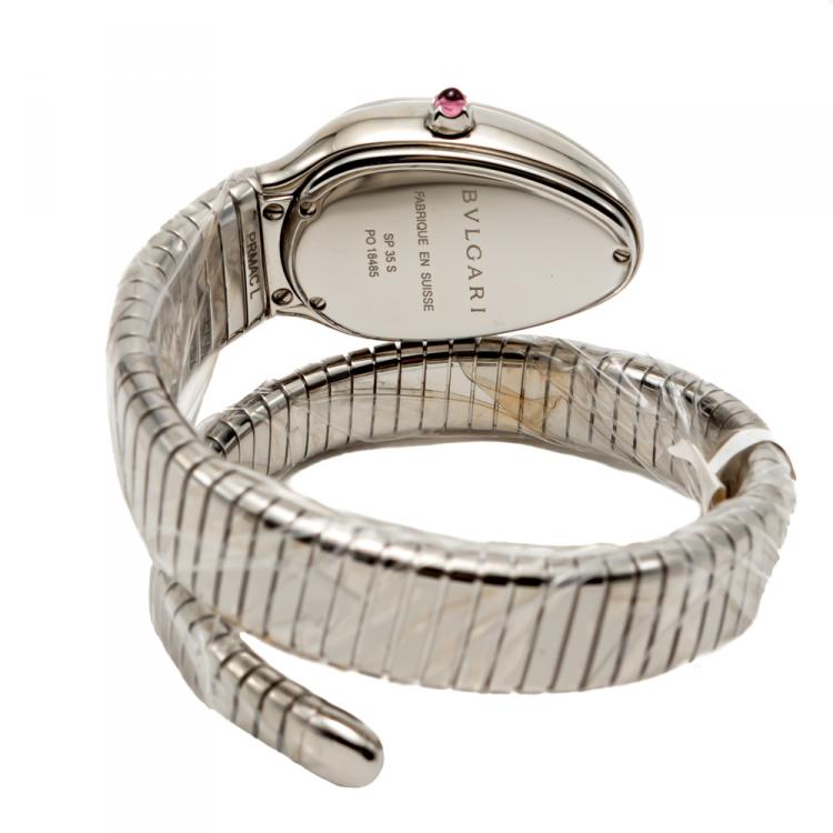 Pre Owned Bvlgari Purple Dial Serpenti Tubogas Steel Diamond Bezel Women's Watch Small Size