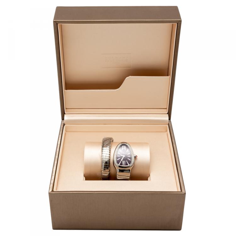 Pre Owned Bvlgari Purple Dial Serpenti Tubogas Steel Diamond Bezel Women's Watch Small Size