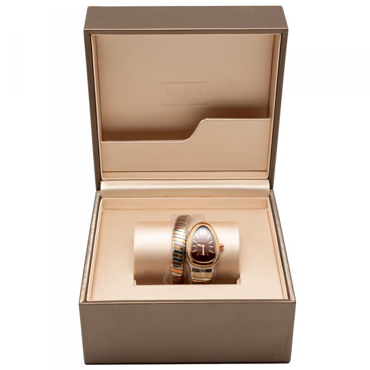 Pre Owned Bvlgari Brown Dial Serpenti Tubogas Steel & Rose Gold Diamond Bezel Women's Watch
