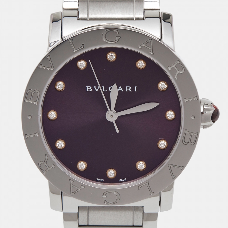 Pre Owned Bvlgari Purple Diamond Stainless Steel BvlgariBvlgari 102607 Women's Wristwatch 33 mm 