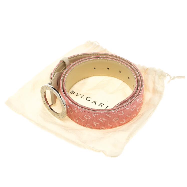 Pre Owned Bvlgari Pink Logo Print Canvas Logo Buckle Belt 105cm
