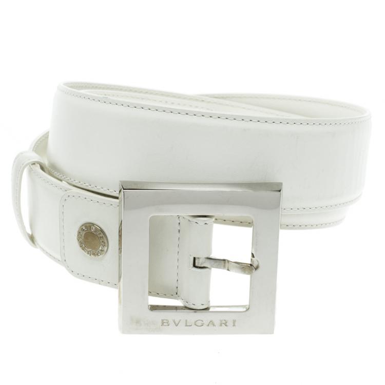 Pre Owned Bvlgari White Leather Square Buckle Belt 85cm