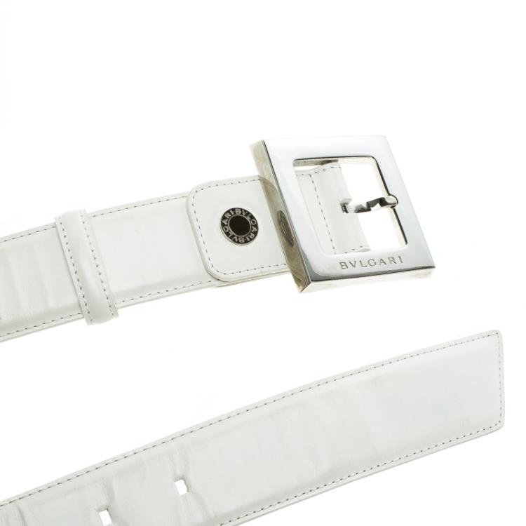 Pre Owned Bvlgari White Leather Square Buckle Belt 85cm