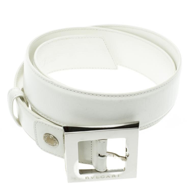 Pre Owned Bvlgari White Leather Square Buckle Belt 85cm