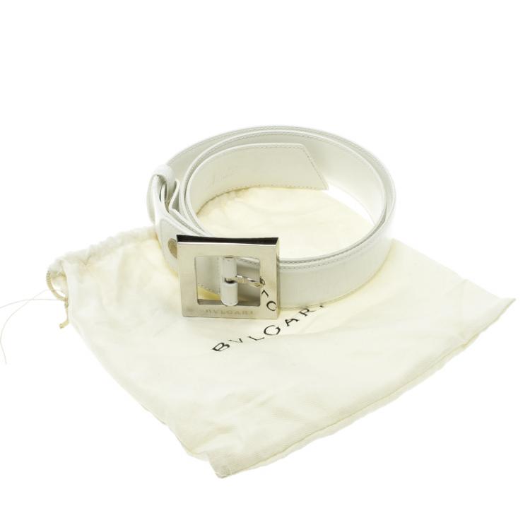 Pre Owned Bvlgari White Leather Square Buckle Belt 85cm