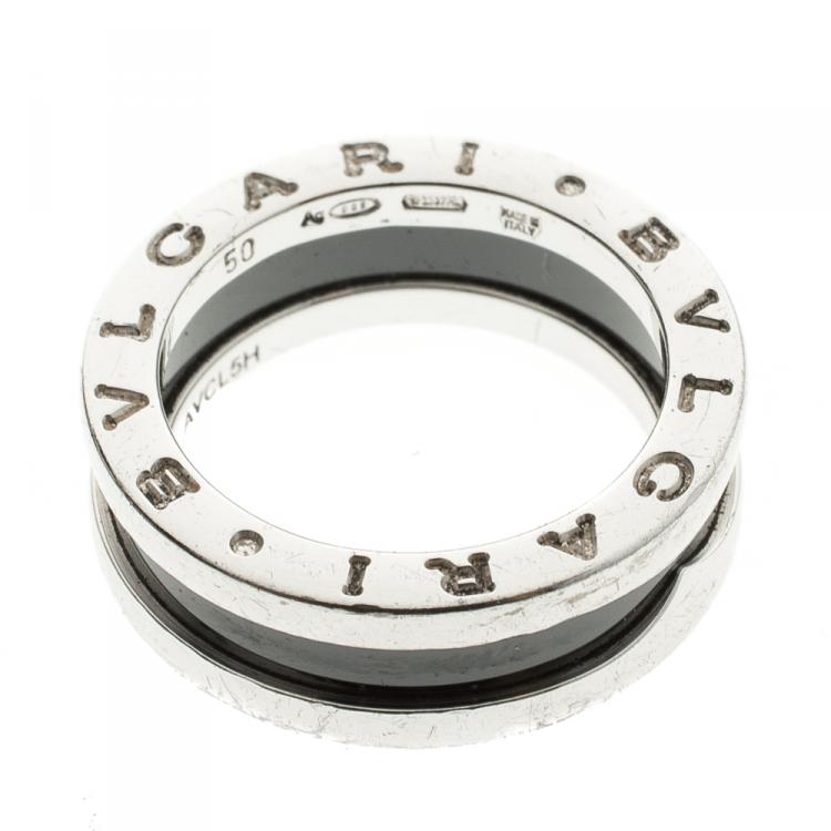 Pre Owned Bvlgari Save The Children 1 Band Black Ceramic Silver Band Ring Size 50