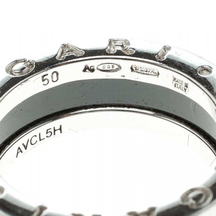 Pre Owned Bvlgari Save The Children 1 Band Black Ceramic Silver Band Ring Size 50