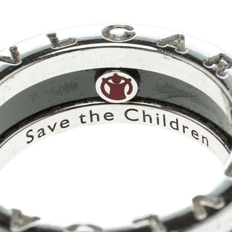 Pre Owned Bvlgari Save The Children 1 Band Black Ceramic Silver Band Ring Size 50