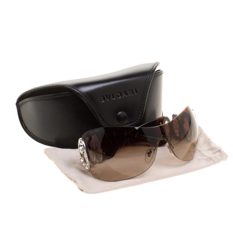 Pre Owned Bvlgari Brown Turqoise 6017-B Crystal Embellished Shield Sunglasses