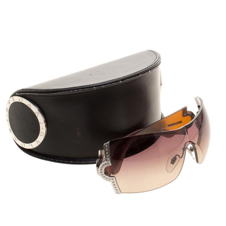 Pre Owned Bvlgari Brown 651-B Crystal Embellished Shield Sunglasses