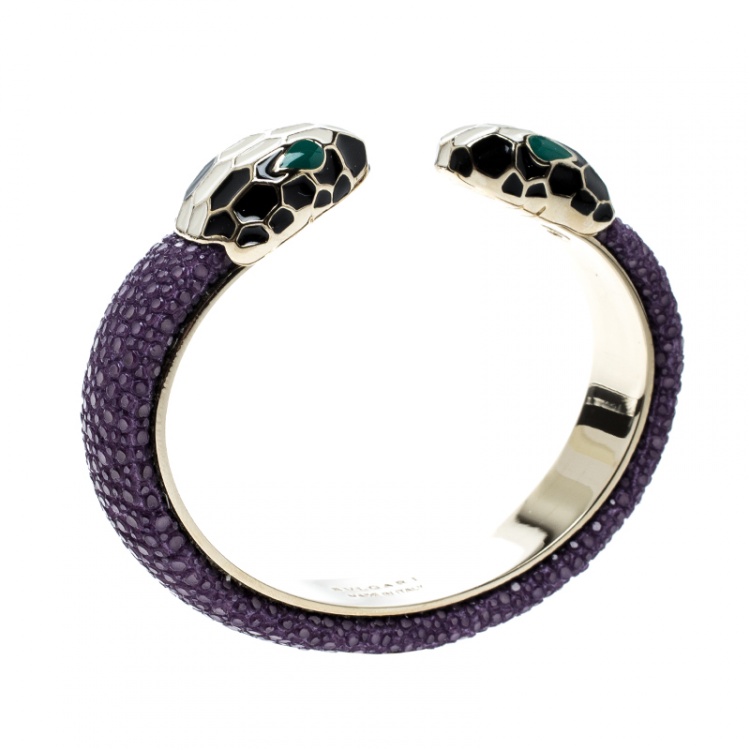 Pre Owned Bvlgari Serpenti Forever Enamel & Violet Galuchat Leather Gold Plated Open Cuff Bracelet 15cm