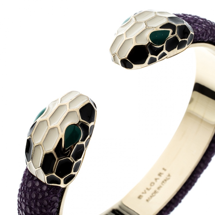 Pre Owned Bvlgari Serpenti Forever Enamel & Violet Galuchat Leather Gold Plated Open Cuff Bracelet 15cm