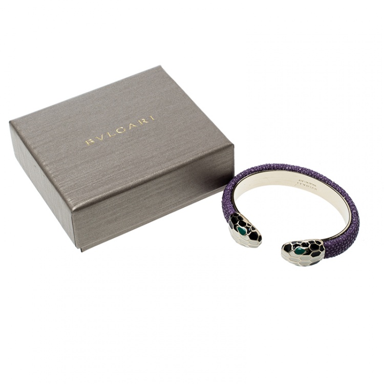 Pre Owned Bvlgari Serpenti Forever Enamel & Violet Galuchat Leather Gold Plated Open Cuff Bracelet 15cm