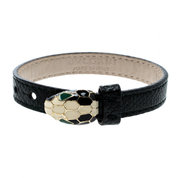 Pre Owned Bvlgari Serpenti Green Enamel Leather Bracelet 17cm