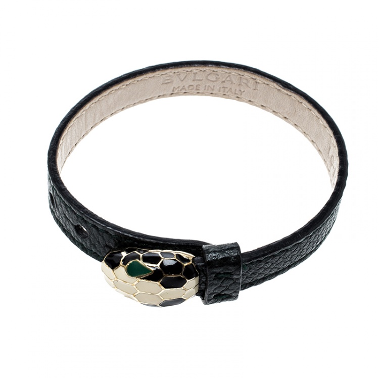 Pre Owned Bvlgari Serpenti Green Enamel Leather Bracelet 17cm