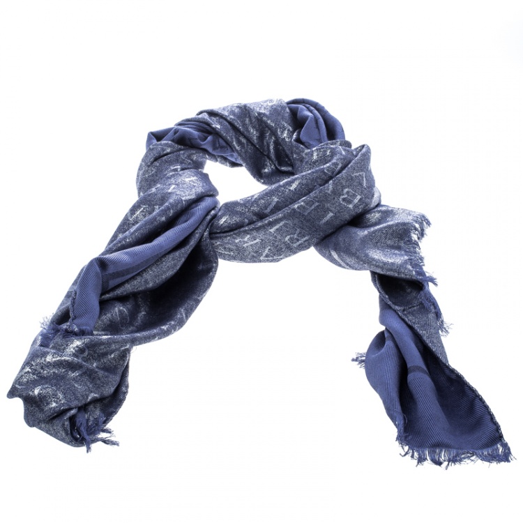 Pre Owned Bvlgari Blue Lettere Maxi Metal Silk and Wool Logomania Scarf