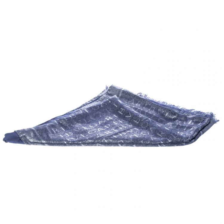 Pre Owned Bvlgari Blue Lettere Maxi Metal Silk and Wool Logomania Scarf