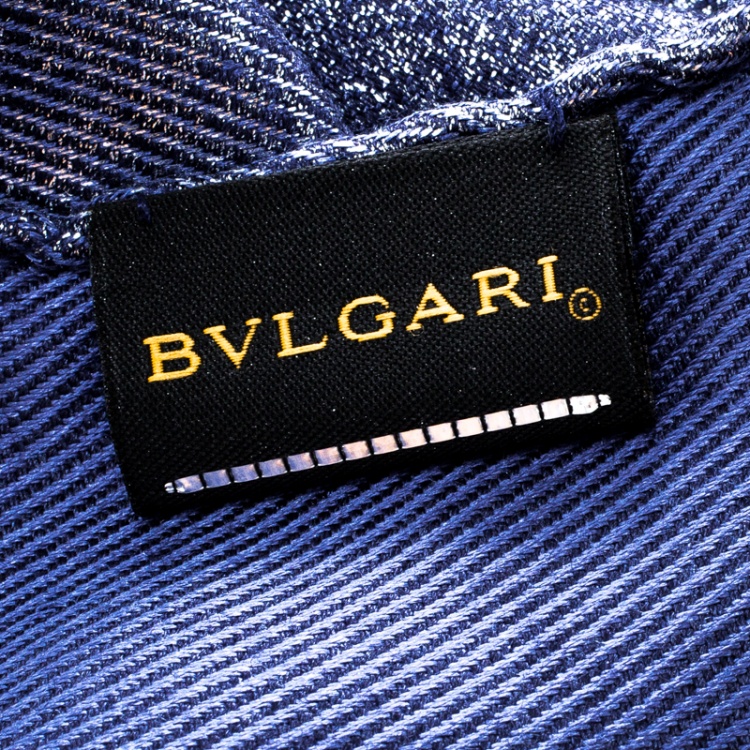 Pre Owned Bvlgari Blue Lettere Maxi Metal Silk and Wool Logomania Scarf