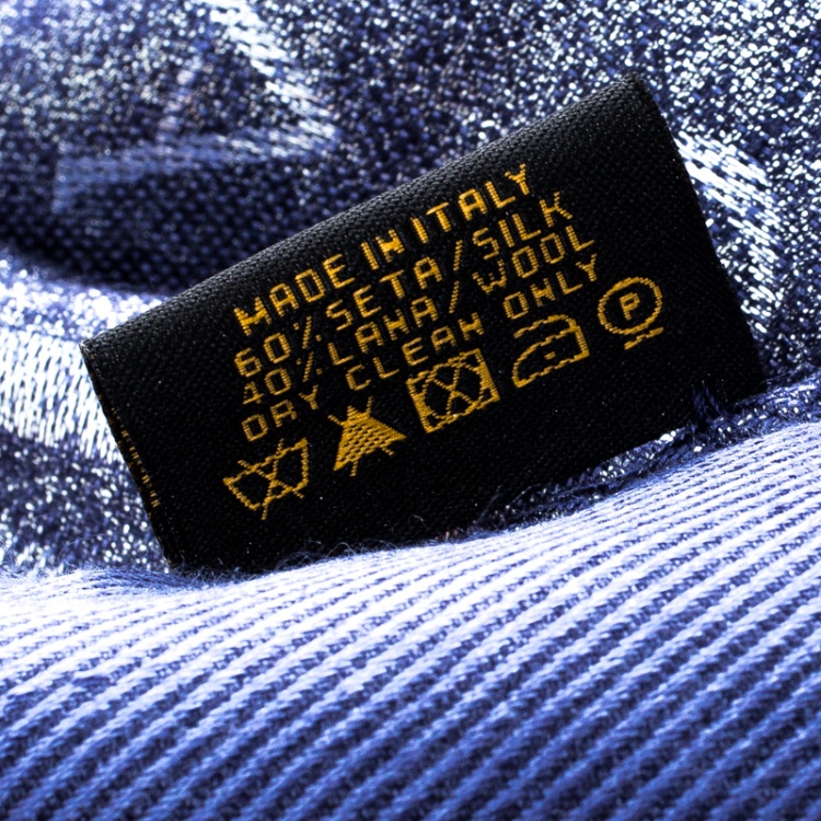 Pre Owned Bvlgari Blue Lettere Maxi Metal Silk and Wool Logomania Scarf