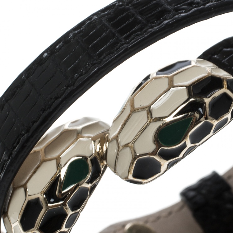 Pre Owned Bvlgari Serpenti Forever Black Lizard Leather Double Coiled Bracelet