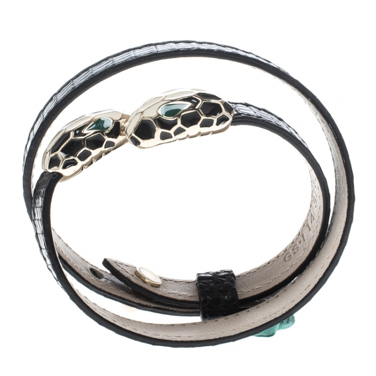 Pre Owned Bvlgari Serpenti Forever Black Lizard Leather Double Coiled Bracelet