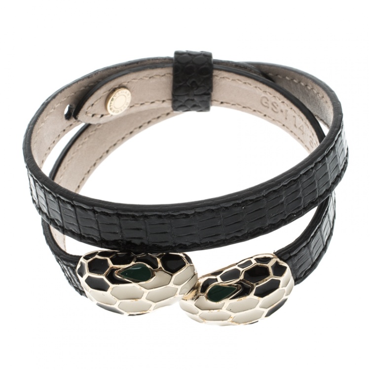 Pre Owned Bvlgari Serpenti Forever Black Lizard Leather Double Coiled Bracelet