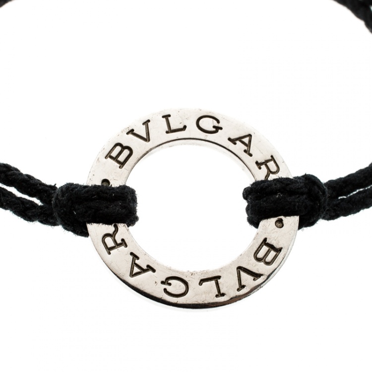 Pre Owned Bvlgari Silver Charm Black Cord Adjustable Bracelet