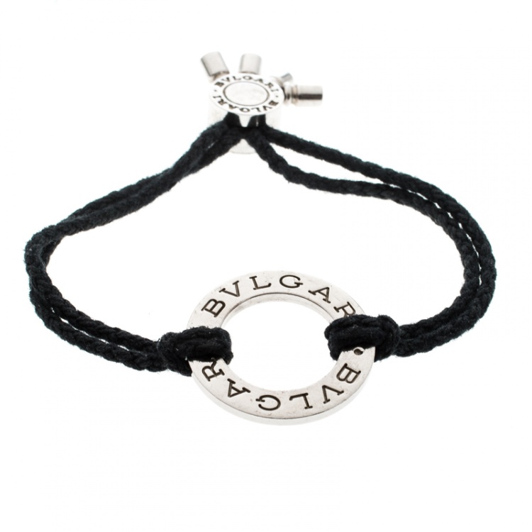 Pre Owned Bvlgari Silver Charm Black Cord Adjustable Bracelet