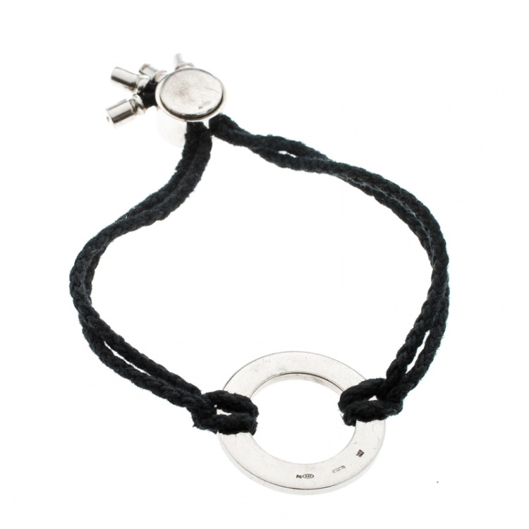 Pre Owned Bvlgari Silver Charm Black Cord Adjustable Bracelet