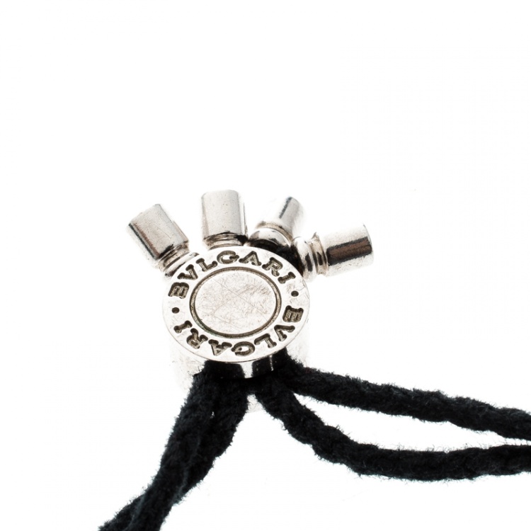 Pre Owned Bvlgari Silver Charm Black Cord Adjustable Bracelet