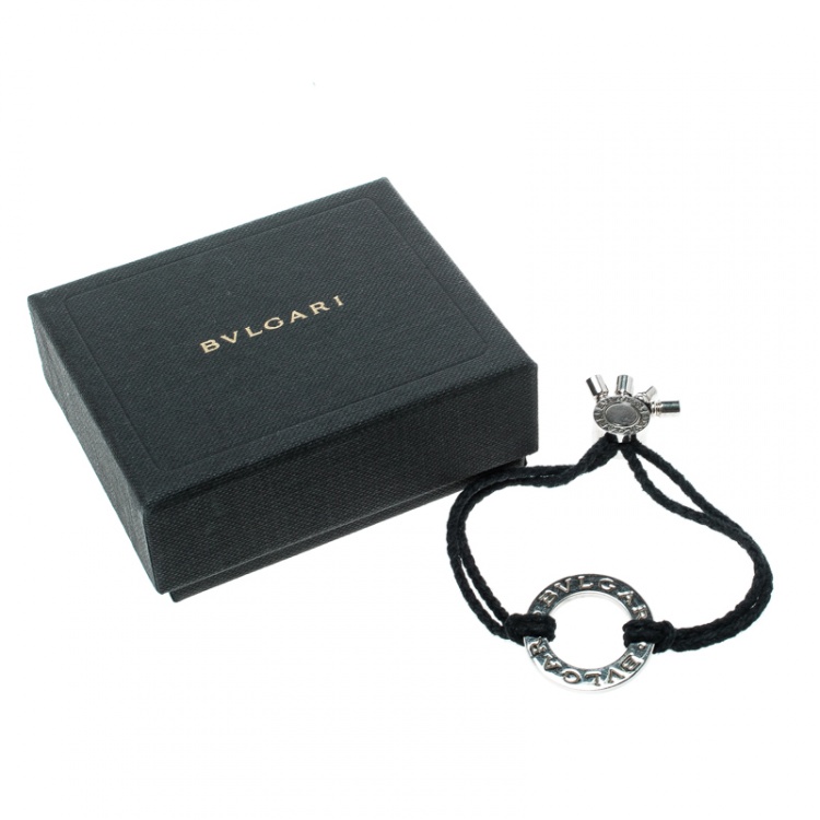Pre Owned Bvlgari Silver Charm Black Cord Adjustable Bracelet