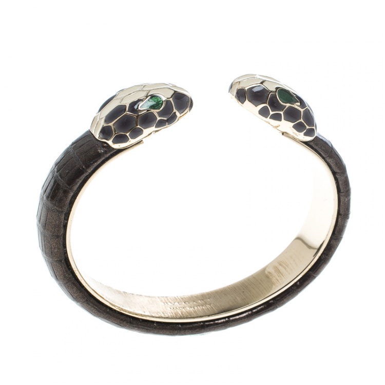 Pre Owned Bvlgari Serpenti Forever Enamel Leather Gold Tone Open Cuff Bracelet 